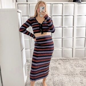 GANNI Striped Merino Rib Cropped Cardigan Maxi Skirt Set